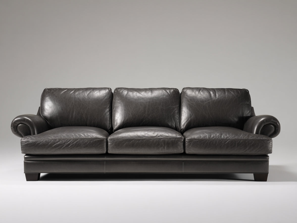 Divani a 3 posti - Pelle-Legno - 218 x 95 x 88 cm - Grigio antracite - Stile classico contemporaneo