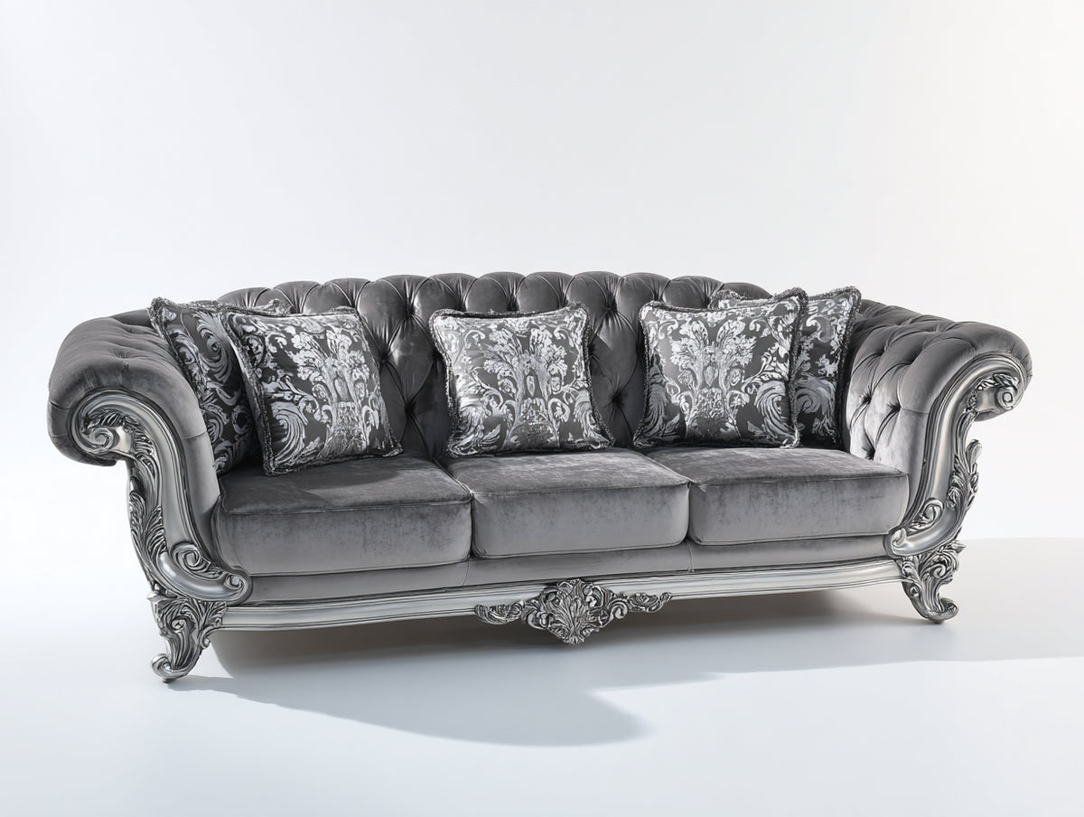 Divani a 3 posti - Velluto-Legno - 235 x 100 x 98 cm - Grigio-Argento - Stile barocco