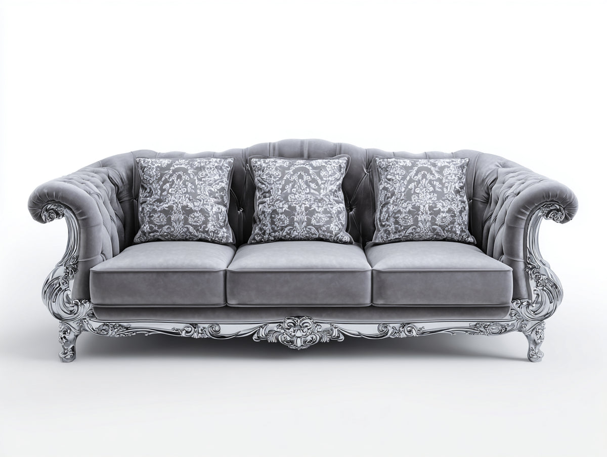 Divani a 3 posti - Velluto-Legno - 230 x 98 x 96 cm - Grigio-Argento - Stile barocco