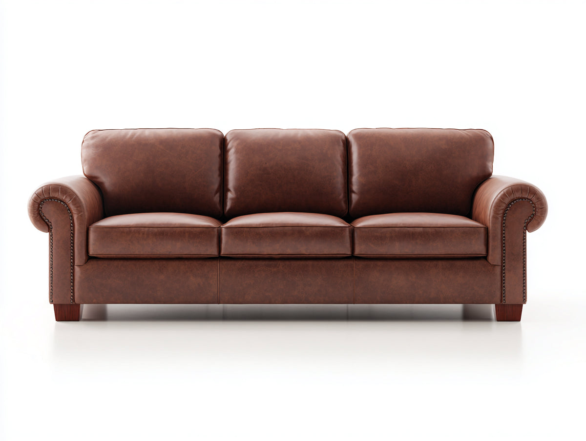 Divani a 3 posti - Pelle-Legno - 217 x 95 x 90 cm - Marrone - Stile classico