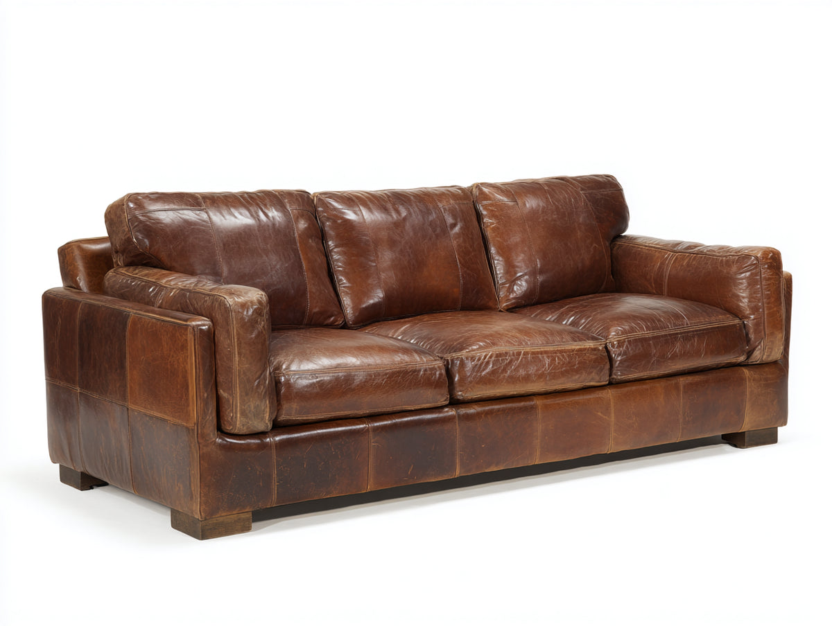 Divani a 3 posti - Pelle-Legno - 220 x 96 x 88 cm - Marrone - Stile vintage